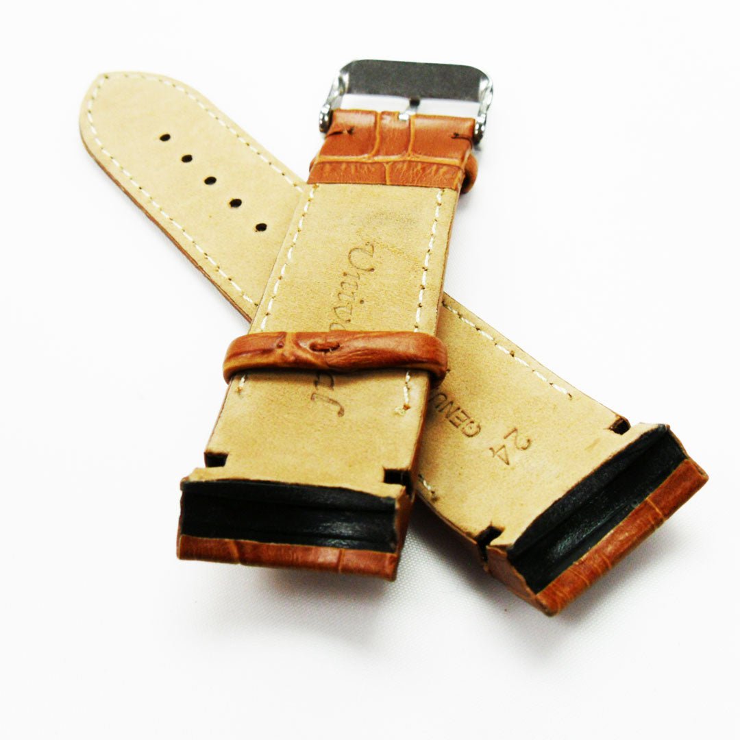 Alligator Curved Genuine Leather Watch Strap, 24MM, Brown Color, Padded, Brown Stitched, Regular Size, Silver Buckle, Watch Band Replacement - Universal Jewelers & Watch Tools Inc.