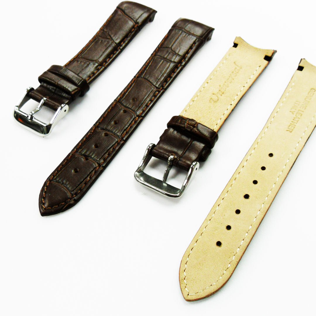 Alligator Curved Genuine Leather Watch Strap, 18MM, Dark Brown Color, Padded, Brown Stitched, Regular Size, Silver Buckle, Watch Band Replacement - Universal Jewelers & Watch Tools Inc.