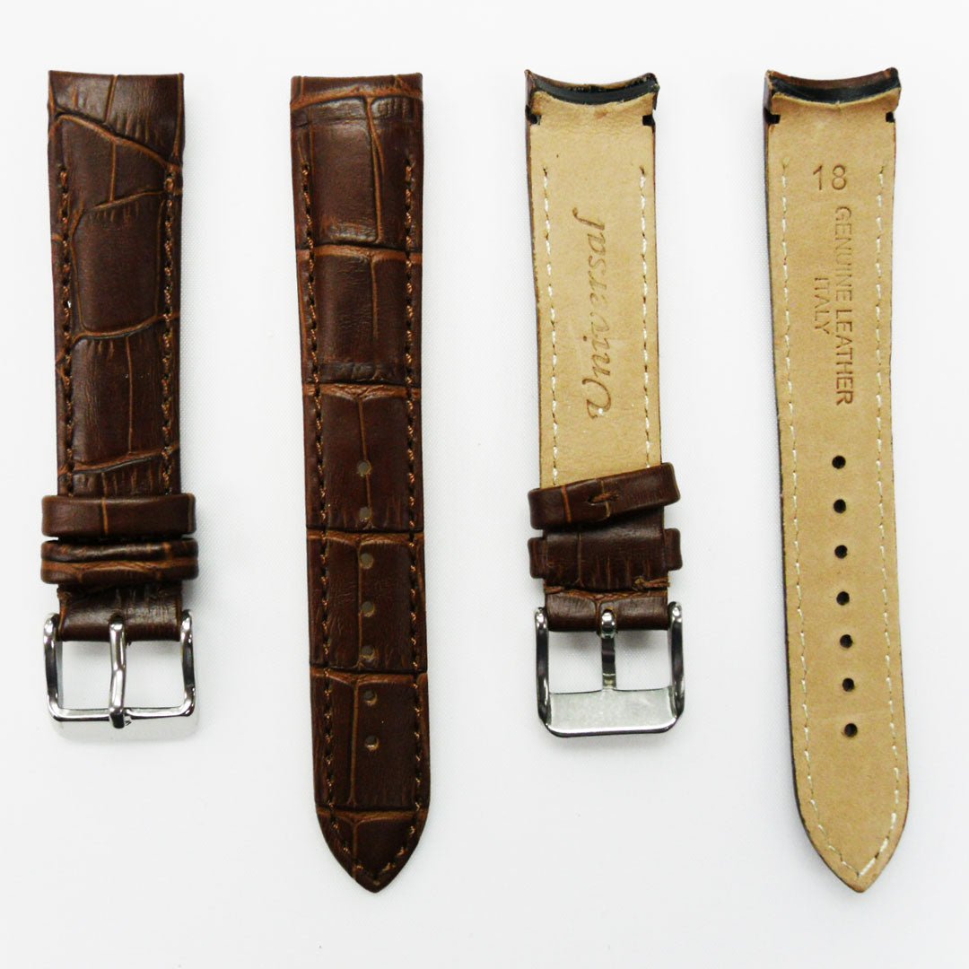 Alligator Curved Genuine Leather Watch Strap, 18MM, Black Color, Padded, Black Stitched, Regular Size, Silver Buckle, Watch Band Replacement - Universal Jewelers & Watch Tools Inc.