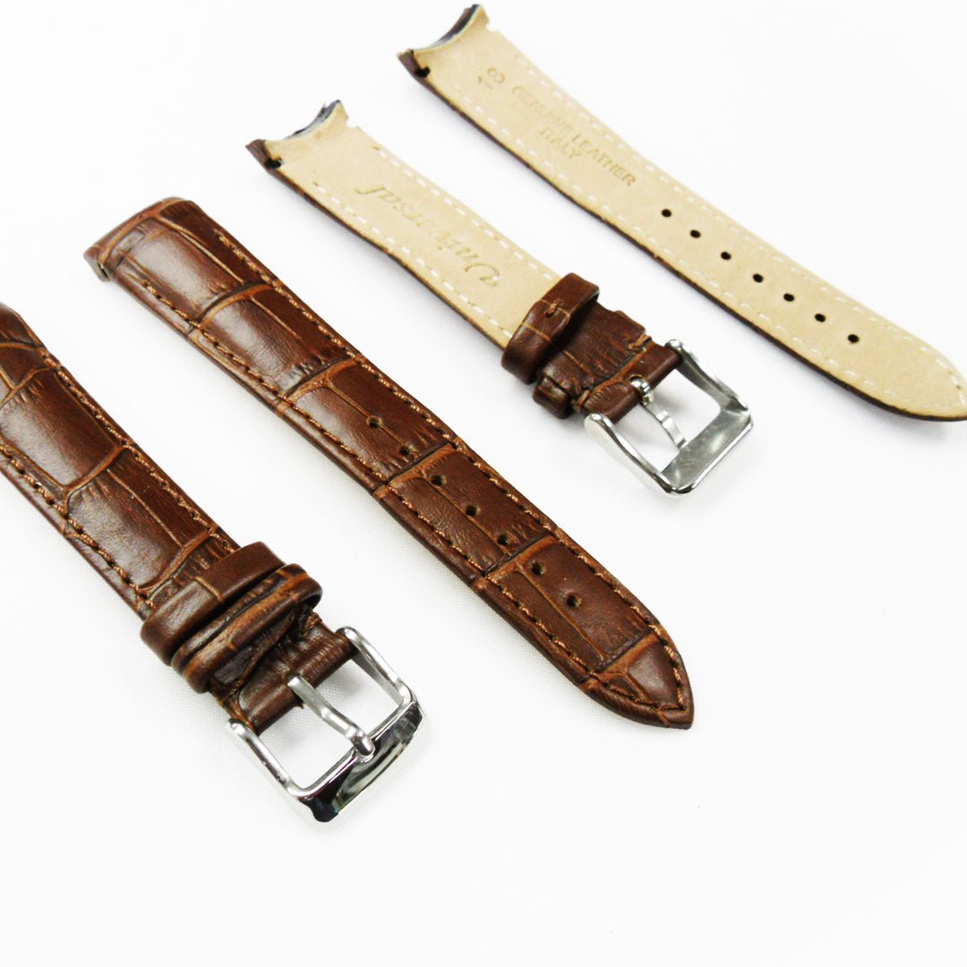 Alligator Curved Genuine Leather Watch Strap, 18MM, Brown Color, Padded, Brown Stitched, Regular Size, Silver Buckle, Watch Band Replacement - Universal Jewelers & Watch Tools Inc.