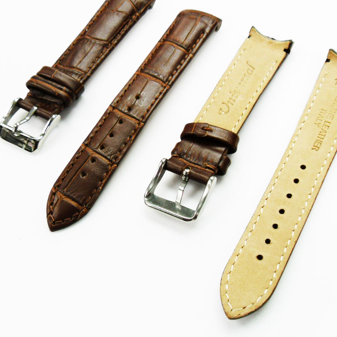 Alligator Curved Genuine Leather Watch Strap, 18MM, Dark Brown Color, Padded, Brown Stitched, Regular Size, Silver Buckle, Watch Band Replacement - Universal Jewelers & Watch Tools Inc.