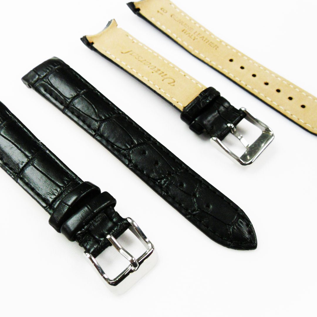 Alligator Curved Genuine Leather Watch Strap, 18MM, Black Color, Padded, Black Stitched, Regular Size, Silver Buckle, Watch Band Replacement - Universal Jewelers & Watch Tools Inc.