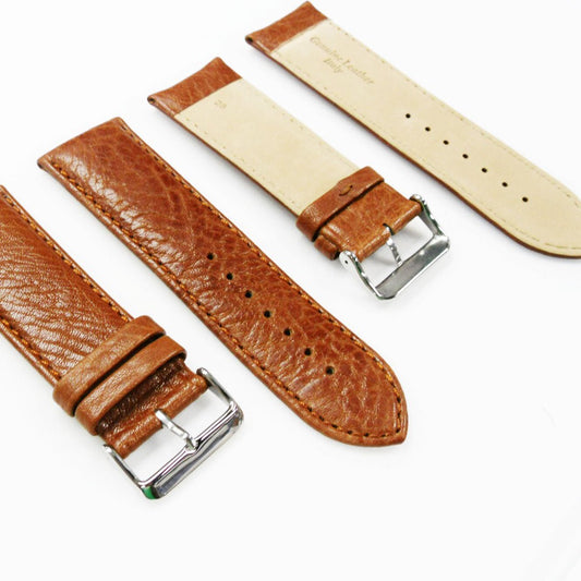 26MM Leather Watch Band Light Brown with Grain Padded Brown Stitched Regular Size Strap Replacement With Silver Buckle - Universal Jewelers & Watch Tools Inc.