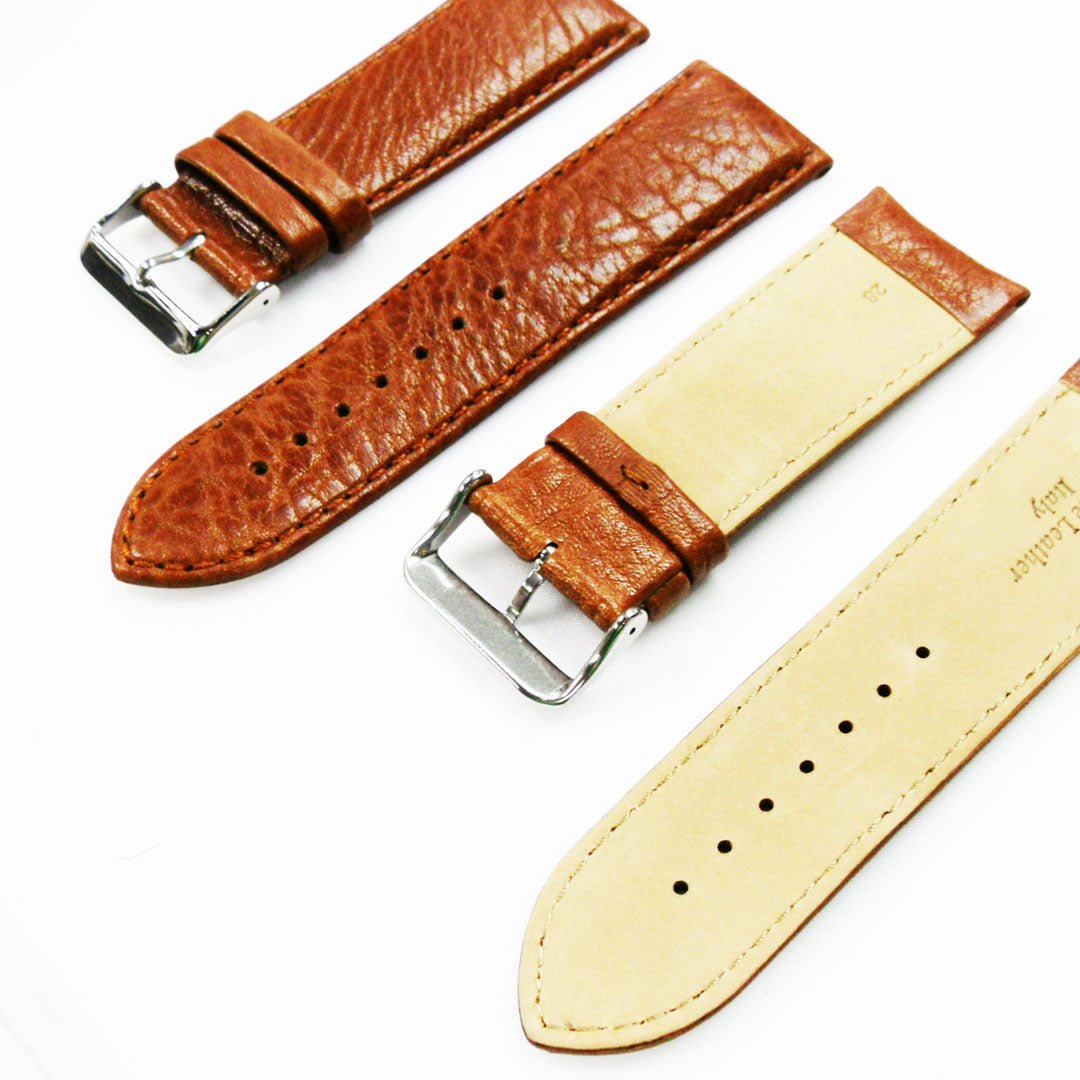 26MM Leather Watch Band Light Brown with Grain Padded Brown Stitched Regular Size Strap Replacement With Silver Buckle - Universal Jewelers & Watch Tools Inc.
