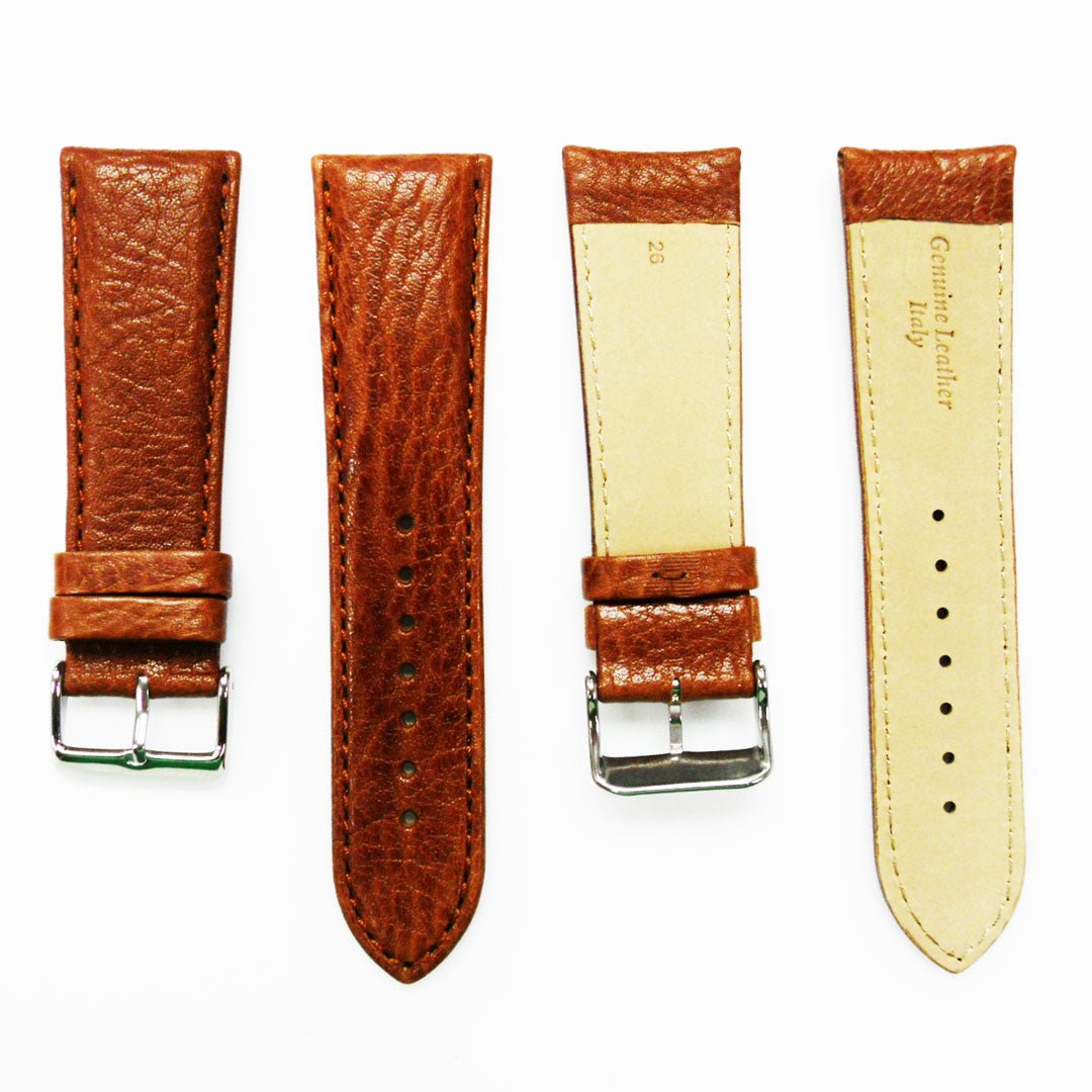 26MM Leather Watch Band Light Brown with Grain Padded Brown Stitched Regular Size Strap Replacement With Silver Buckle - Universal Jewelers & Watch Tools Inc.