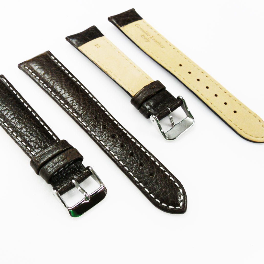 22MM Leather Watch Band Brown with Grain Padded White and Brown Stitched Regular Size Strap Replacement With Silver Buckle - Universal Jewelers & Watch Tools Inc.