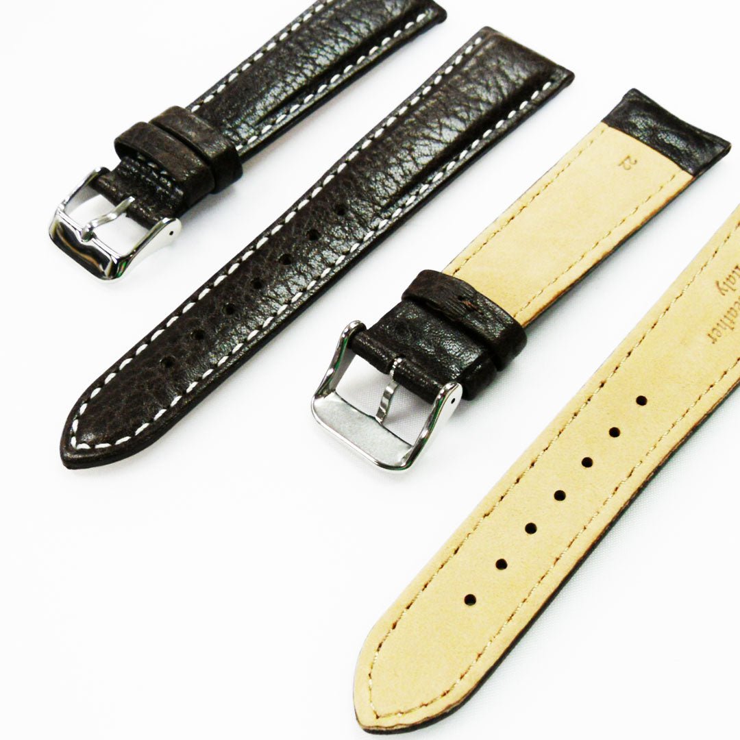 22MM Leather Watch Band Brown with Grain Padded White and Brown Stitched Regular Size Strap Replacement With Silver Buckle - Universal Jewelers & Watch Tools Inc.