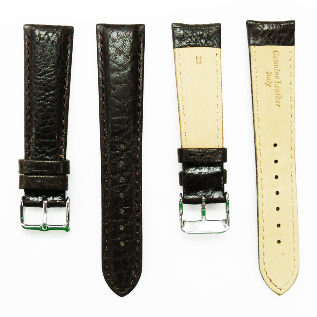 22MM Leather Watch Band Brown with Grain Padded White and Brown Stitched Regular Size Strap Replacement With Silver Buckle - Universal Jewelers & Watch Tools Inc.