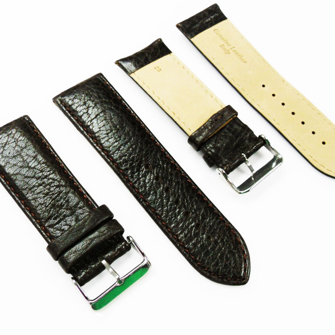 28MM Leather Watch Band Dark Brown with Grain Padded Brown Stitched Regular Size Strap Replacement With Silver Buckle - Universal Jewelers & Watch Tools Inc.