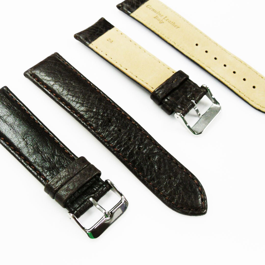 30MM Regular Size Strap Dark Brown with Grain Padded Brown and White Stitched Regular Size Strap Replacement With Silver Buckle - Universal Jewelers & Watch Tools Inc.