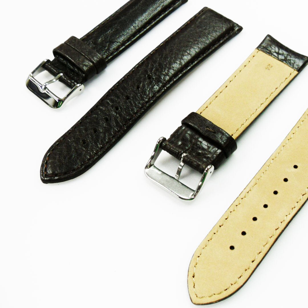 30MM Regular Size Strap Dark Brown with Grain Padded Brown and White Stitched Regular Size Strap Replacement With Silver Buckle - Universal Jewelers & Watch Tools Inc.