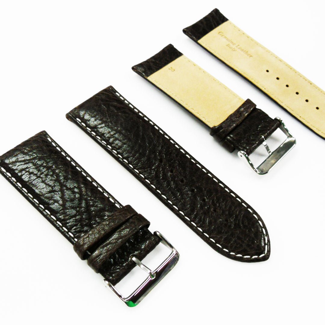 30MM Regular Size Strap Dark Brown with Grain Padded Brown and White Stitched Regular Size Strap Replacement With Silver Buckle - Universal Jewelers & Watch Tools Inc.