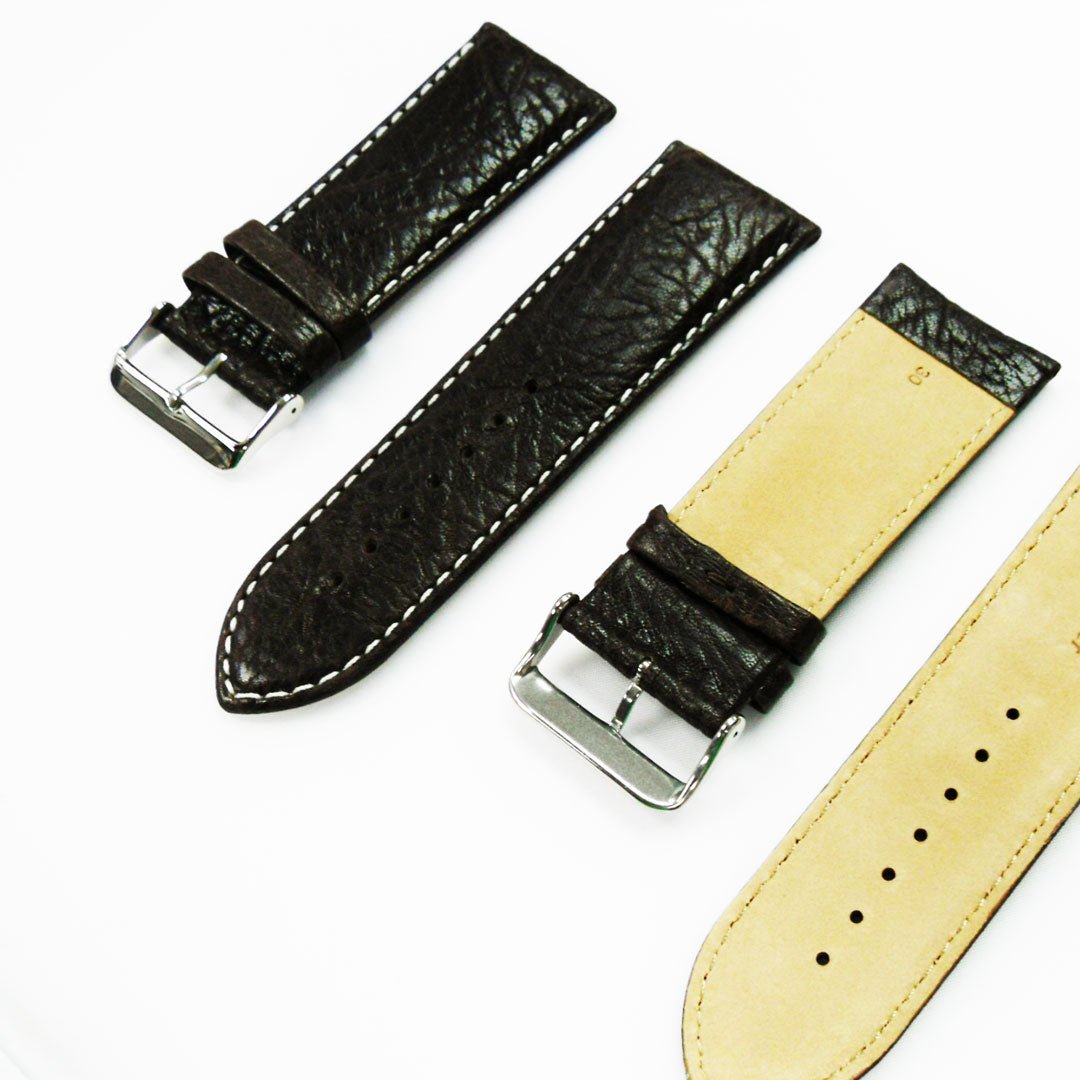 30MM Regular Size Strap Dark Brown with Grain Padded Brown and White Stitched Regular Size Strap Replacement With Silver Buckle - Universal Jewelers & Watch Tools Inc.