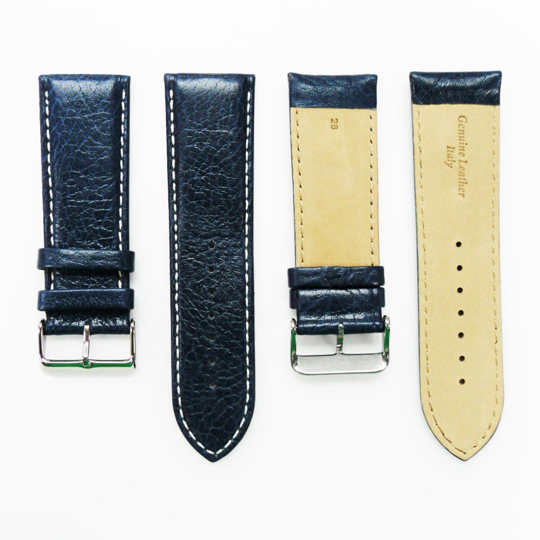 28MM Leather Watch Band Royal Blue with Grain Padded White Stitched Regular Size Strap Replacement With Silver Buckle - Universal Jewelers & Watch Tools Inc.