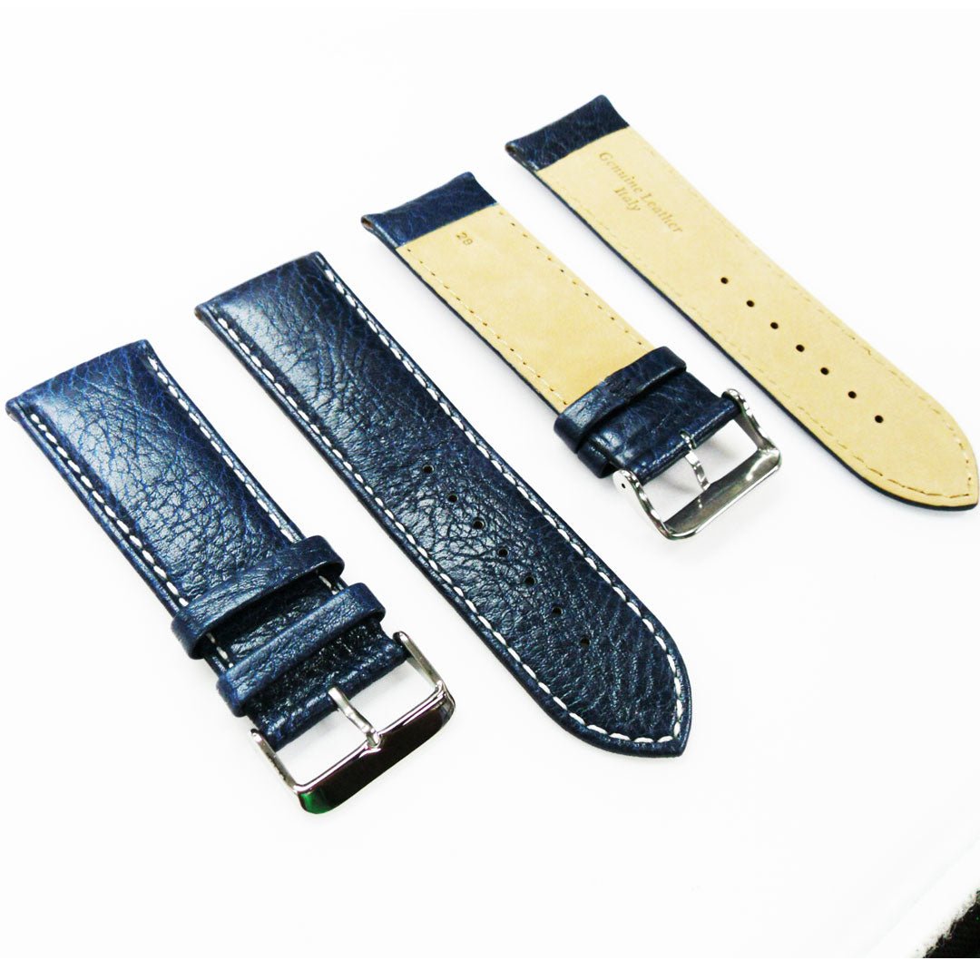 28MM Leather Watch Band Royal Blue with Grain Padded White Stitched Regular Size Strap Replacement With Silver Buckle - Universal Jewelers & Watch Tools Inc.