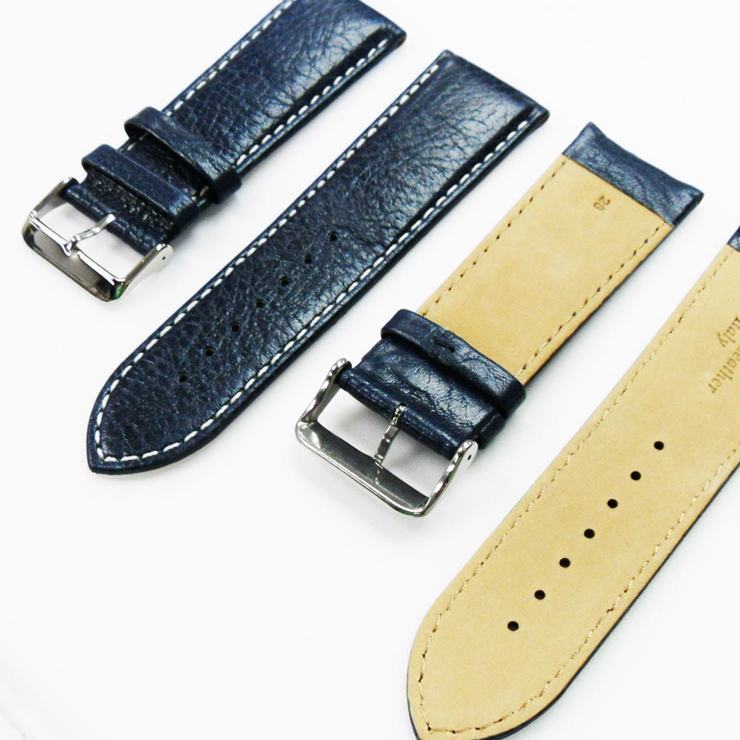 28MM Leather Watch Band Royal Blue with Grain Padded White Stitched Regular Size Strap Replacement With Silver Buckle - Universal Jewelers & Watch Tools Inc.