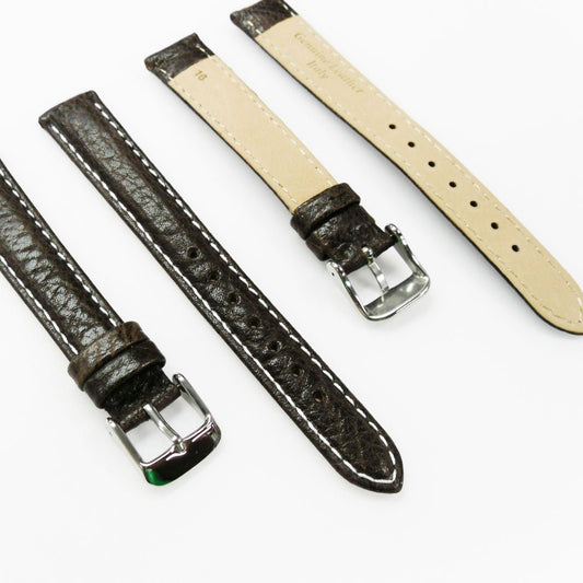 16MM Leather Watch Band Dark Brown with Grain Padded White and Brown Stitched Regular Size Strap Replacement With Silver Buckle - Universal Jewelers & Watch Tools Inc.