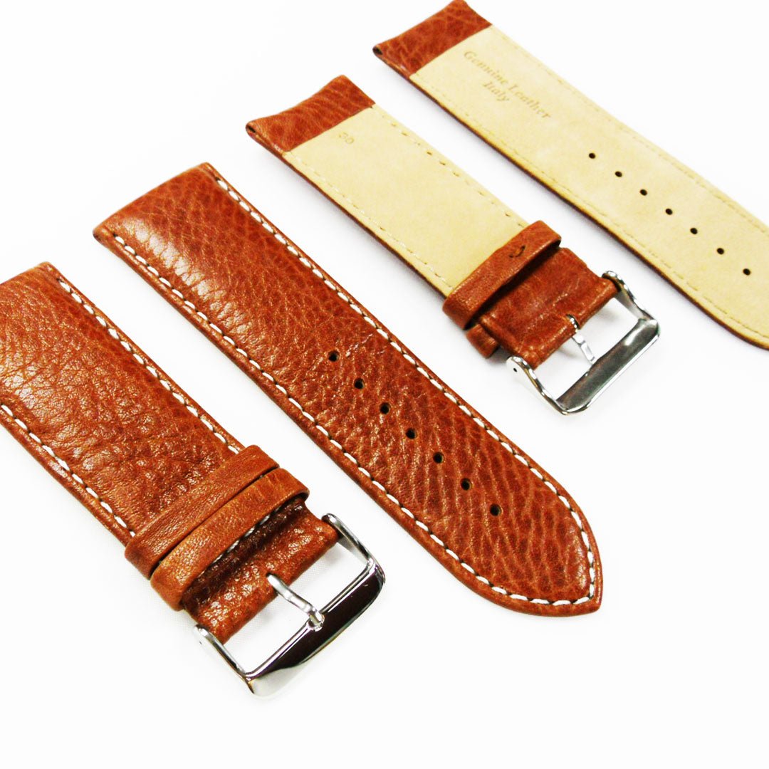 28MM Leather Watch Band Light Brown with Grain Padded White Stitched Regular Size Strap Replacement With Silver Buckle - Universal Jewelers & Watch Tools Inc.