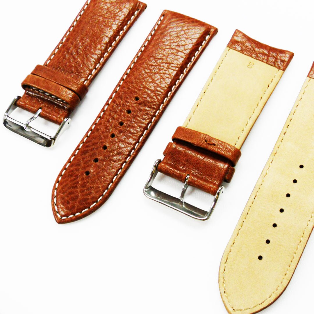 28MM Leather Watch Band Light Brown with Grain Padded White Stitched Regular Size Strap Replacement With Silver Buckle - Universal Jewelers & Watch Tools Inc.