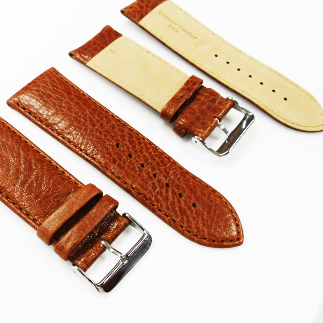 28MM Leather Watch Band Light Brown with Grain Padded White Stitched Regular Size Strap Replacement With Silver Buckle - Universal Jewelers & Watch Tools Inc.