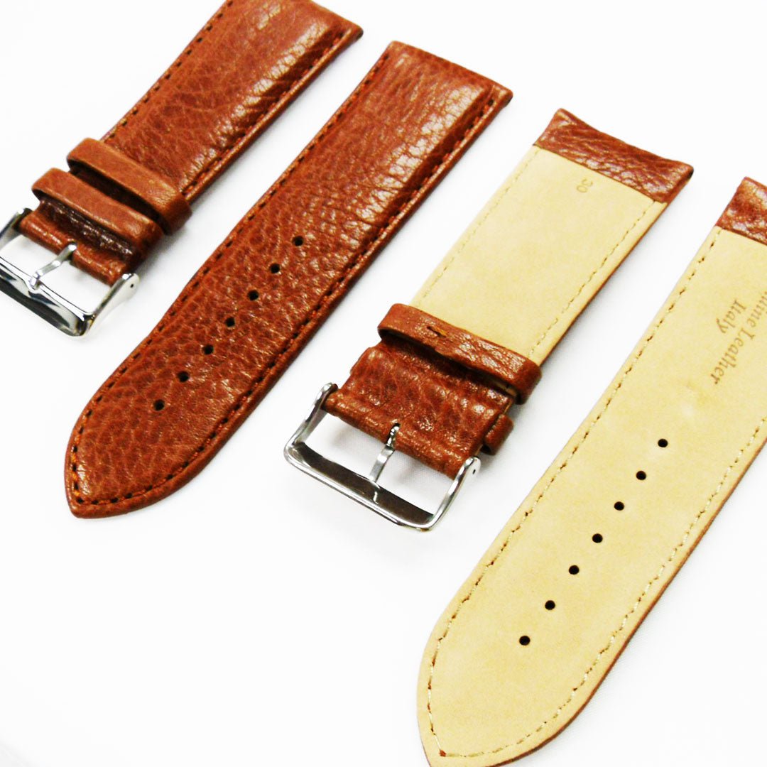 28MM Leather Watch Band Light Brown with Grain Padded White Stitched Regular Size Strap Replacement With Silver Buckle - Universal Jewelers & Watch Tools Inc.