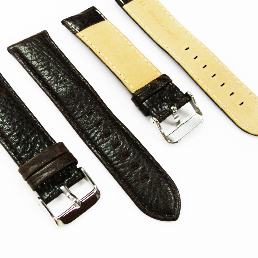 24MM Leather Watch Band Dark Brown with Grain Padded Brown and White Stitched Regular Size Strap Replacement With Silver Buckle - Universal Jewelers & Watch Tools Inc.