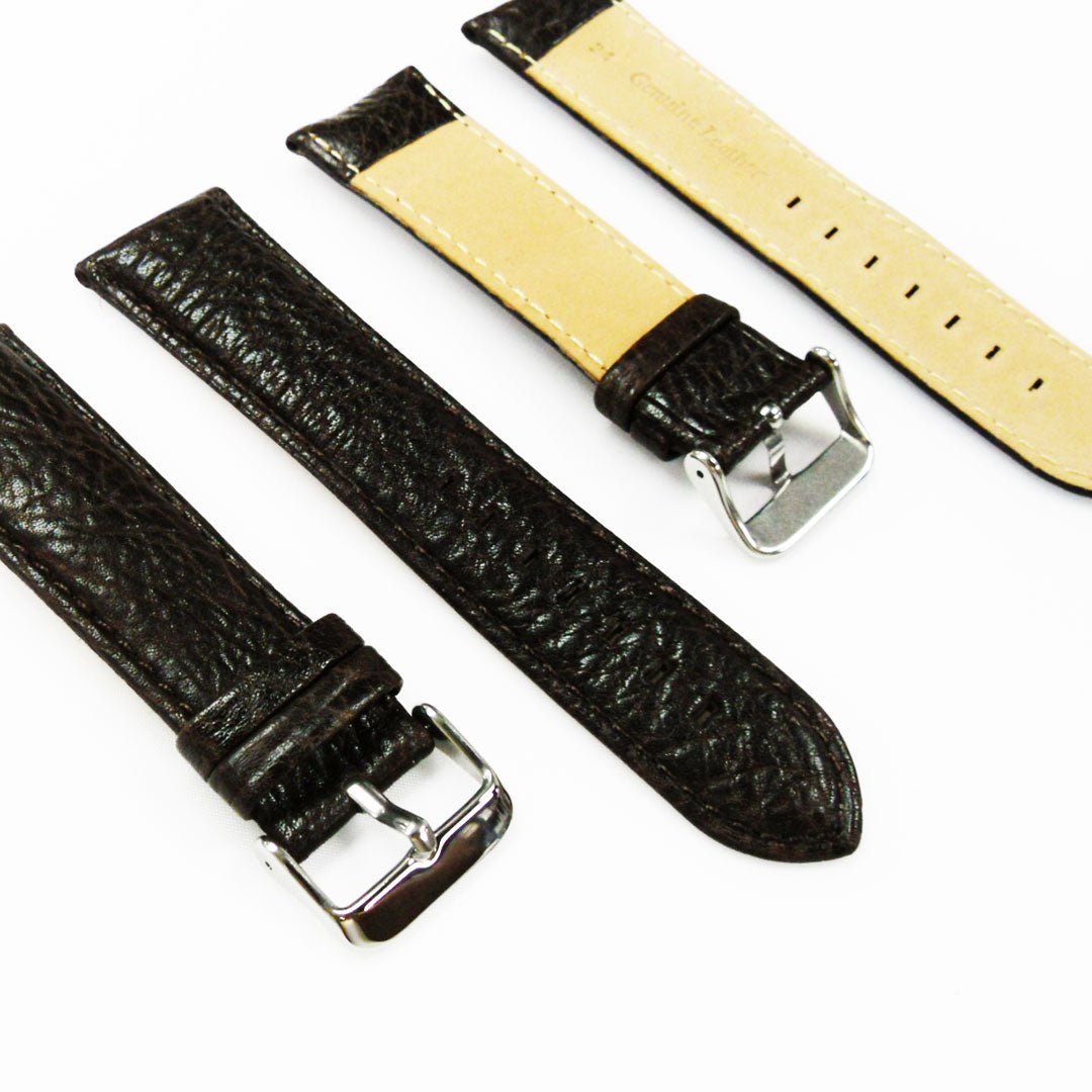 22MM Leather Watch Band Brown with Grain Padded White and Brown Stitched Regular Size Strap Replacement With Silver Buckle - Universal Jewelers & Watch Tools Inc.