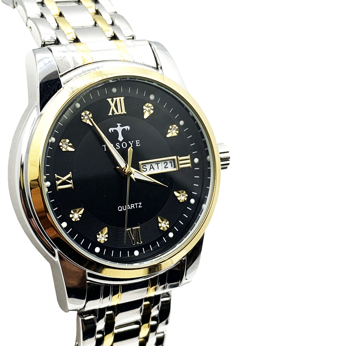 Luxury Black Dial Day and Date Men's Stainless Steel Two Tone Dress Watch - Universal Jewelers & Watch Tools Inc.