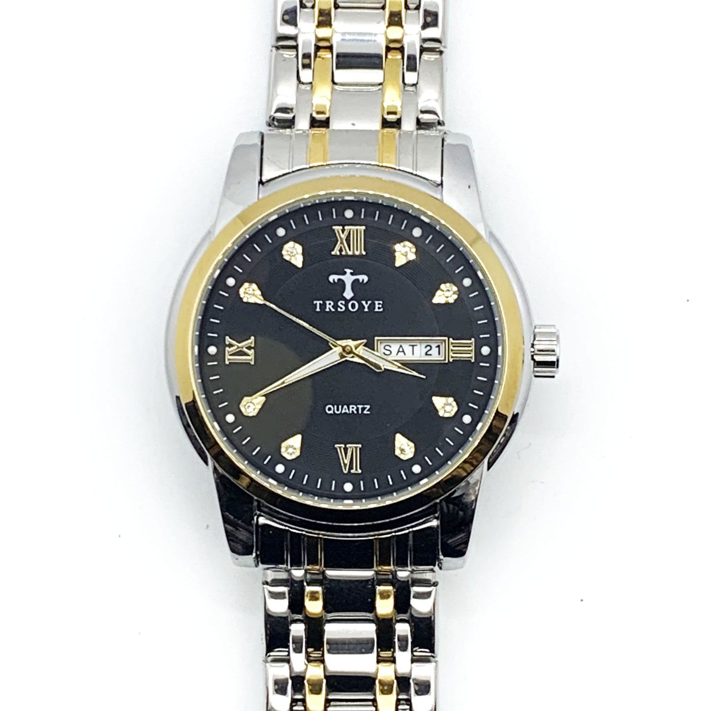 Luxury Black Dial Day and Date Men's Stainless Steel Two Tone Dress Watch - Universal Jewelers & Watch Tools Inc.