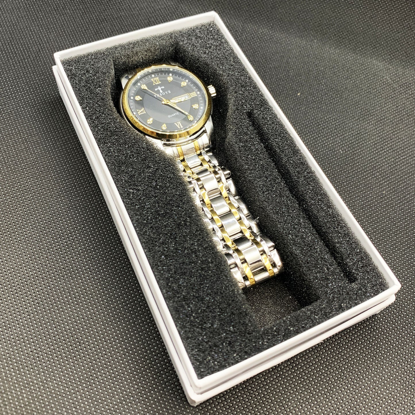 Luxury Black Dial Day and Date Men's Stainless Steel Two Tone Dress Watch - Universal Jewelers & Watch Tools Inc.