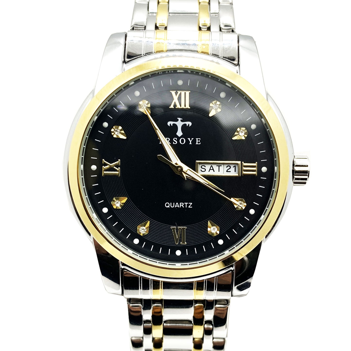 Luxury Black Dial Day and Date Men's Stainless Steel Two Tone Dress Watch - Universal Jewelers & Watch Tools Inc.