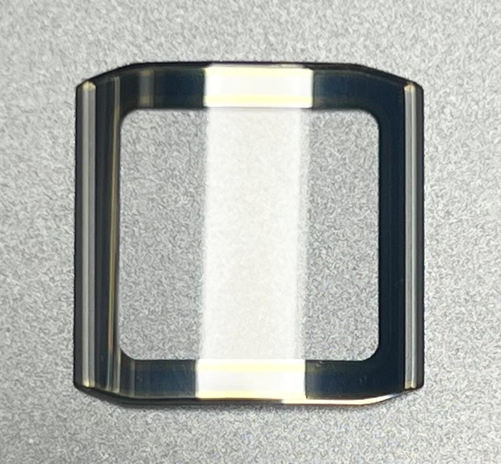 Sapphire Crystals to Fit Rado Double Domed Rectangular Shape with cut edges Silver Border with Golden Lines (19.5×18.9×1.85×1.21)mm→(Width×Height×Dome Height×Edge Thick) - Universal Jewelers & Watch Tools Inc.