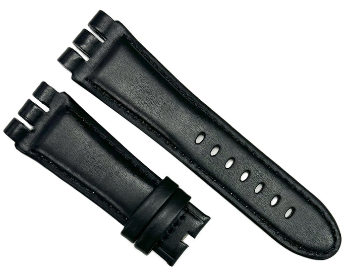 23mm Genuine Leather, Black Plain Watch Band for SWATCH Watches, Padded & Stitched