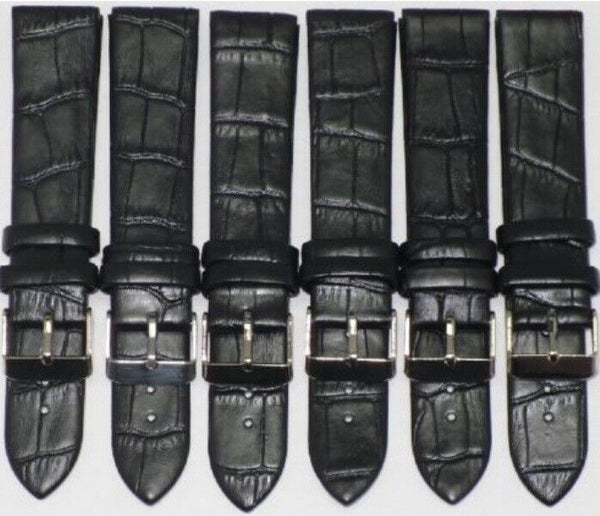 Lot of 6 Watch Band Genuine Leather Alligator Grain Black Flat 22mm Best Quality