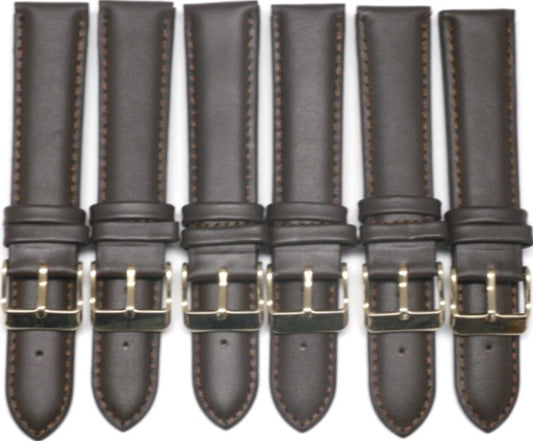 22 MM Long Plain Dark Brown Genuine Leather Padded Watch Band, Lot of 6 Bands