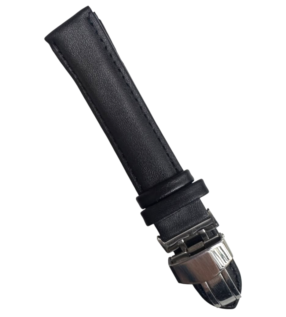 20mm BLACK Genuine Leather stitched Padded Watch Band With Deployment Buckle