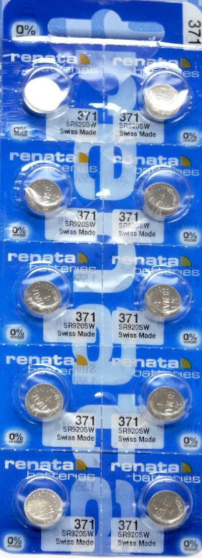 Renata 371 Watch Cell Batteries SR920SW, SWISS MADE, 0% MERCURY (Pack of 10)