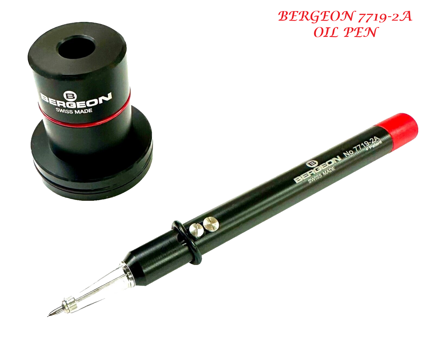 BERGEON 7719-2A OIL PEN WITH STAND, OILER. RED, SWISS MADE, WATCHMAKER TOOLS