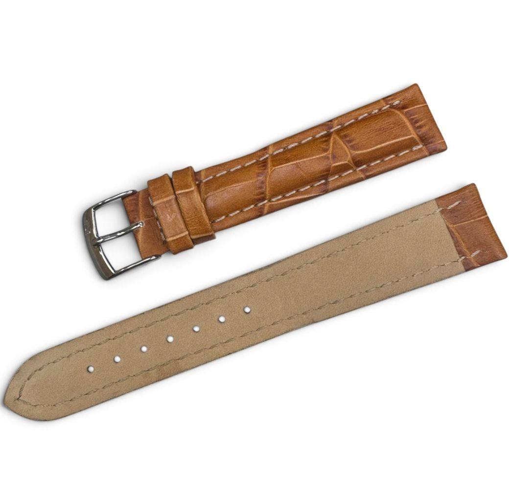 18MM TAN BROWN LEATHER ALLIGATOR GRAIN PADDED STITCHED WATCH BAND