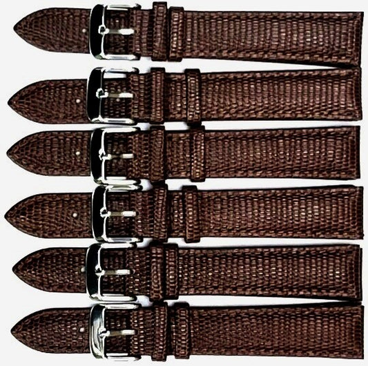 Lot of 6 Watch Bands Brown 20MM Genuine Leather Lizard Grain Padded  Extra Long