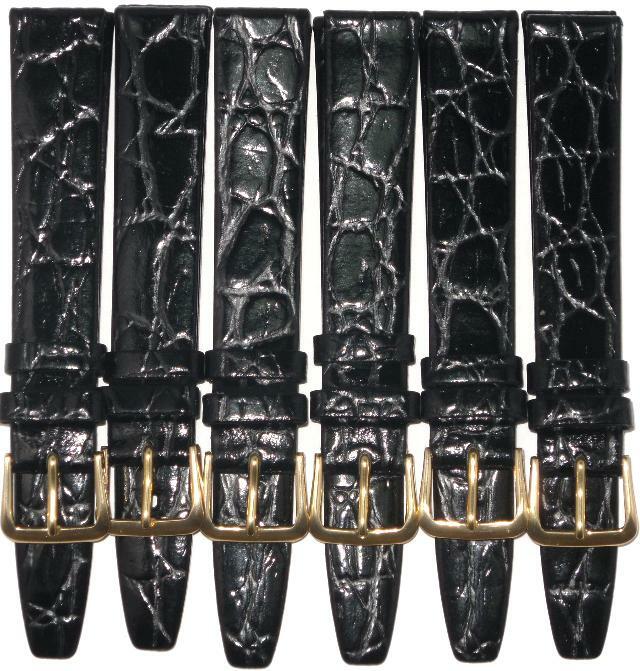  Lot of 6Pcs.  Watch Bands Black 12MM Genuine Leather Crocodile Grain Flat,Slim