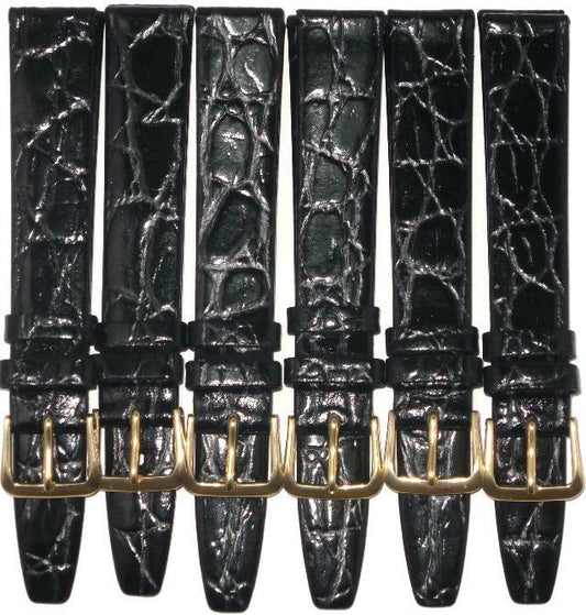  Lot of 6Pcs.  Watch Bands Black 12MM Genuine Leather Crocodile Grain Flat,Slim