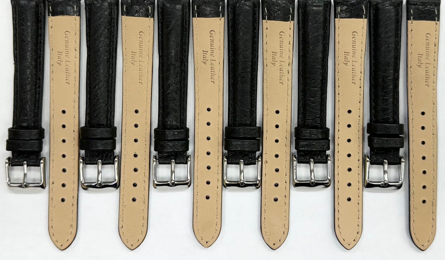 Lot of 6 Watch Band Quality Black Genuine Leather Grain,16mm, slim and padded