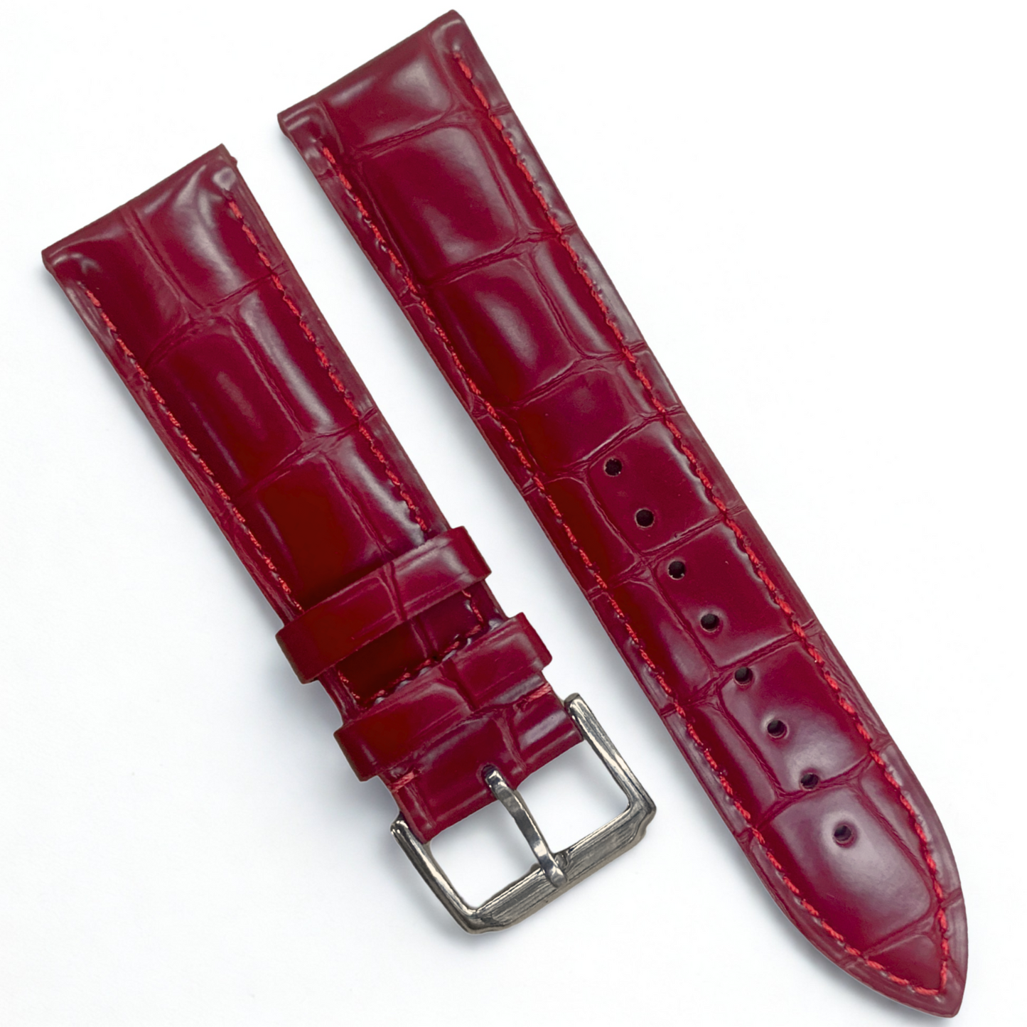 Genuine Leather Watch Band | Red Alligator Grain with Steel Buckle - 22mm width