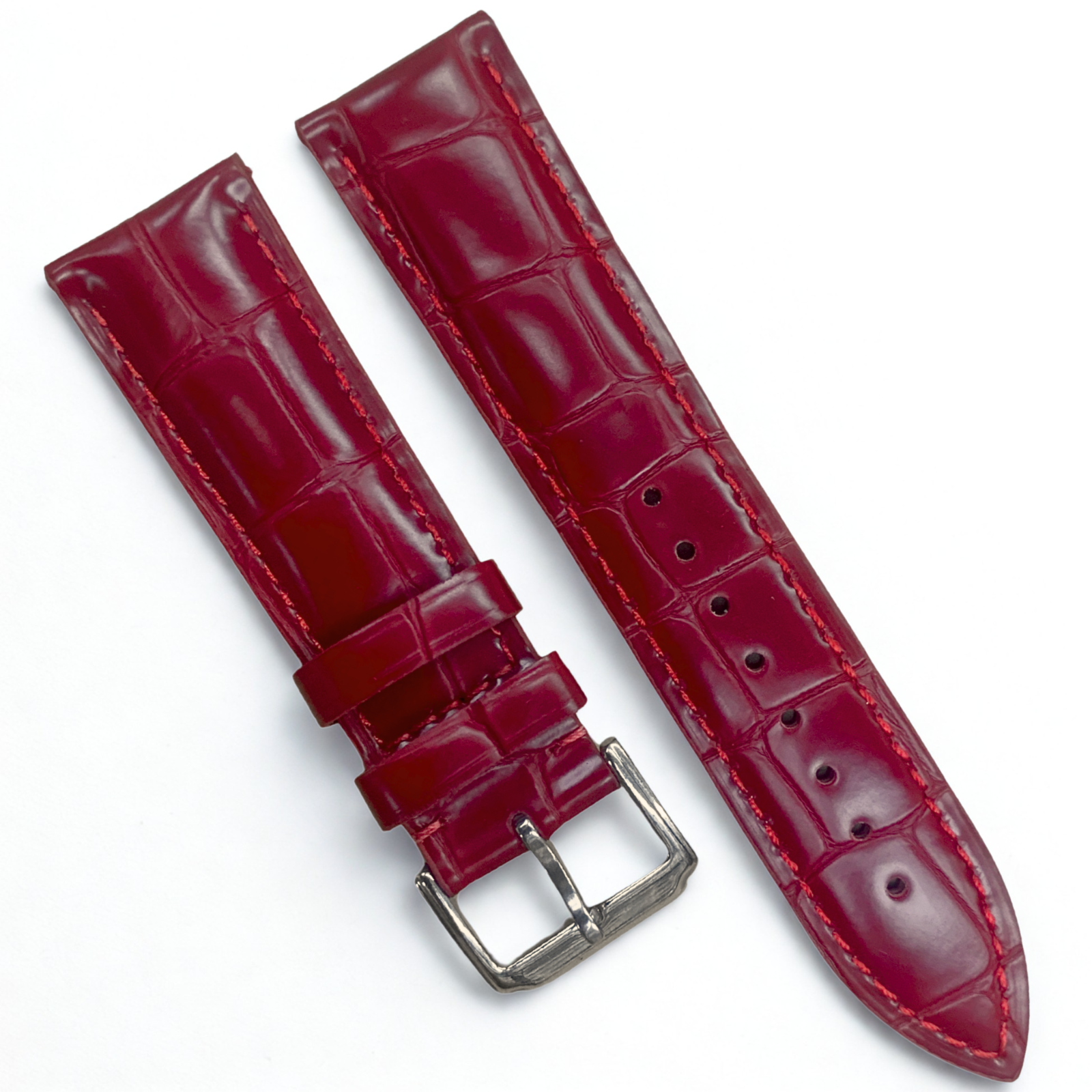 Genuine Leather Watch Band | Red Alligator Grain with Steel Buckle - 22mm width
