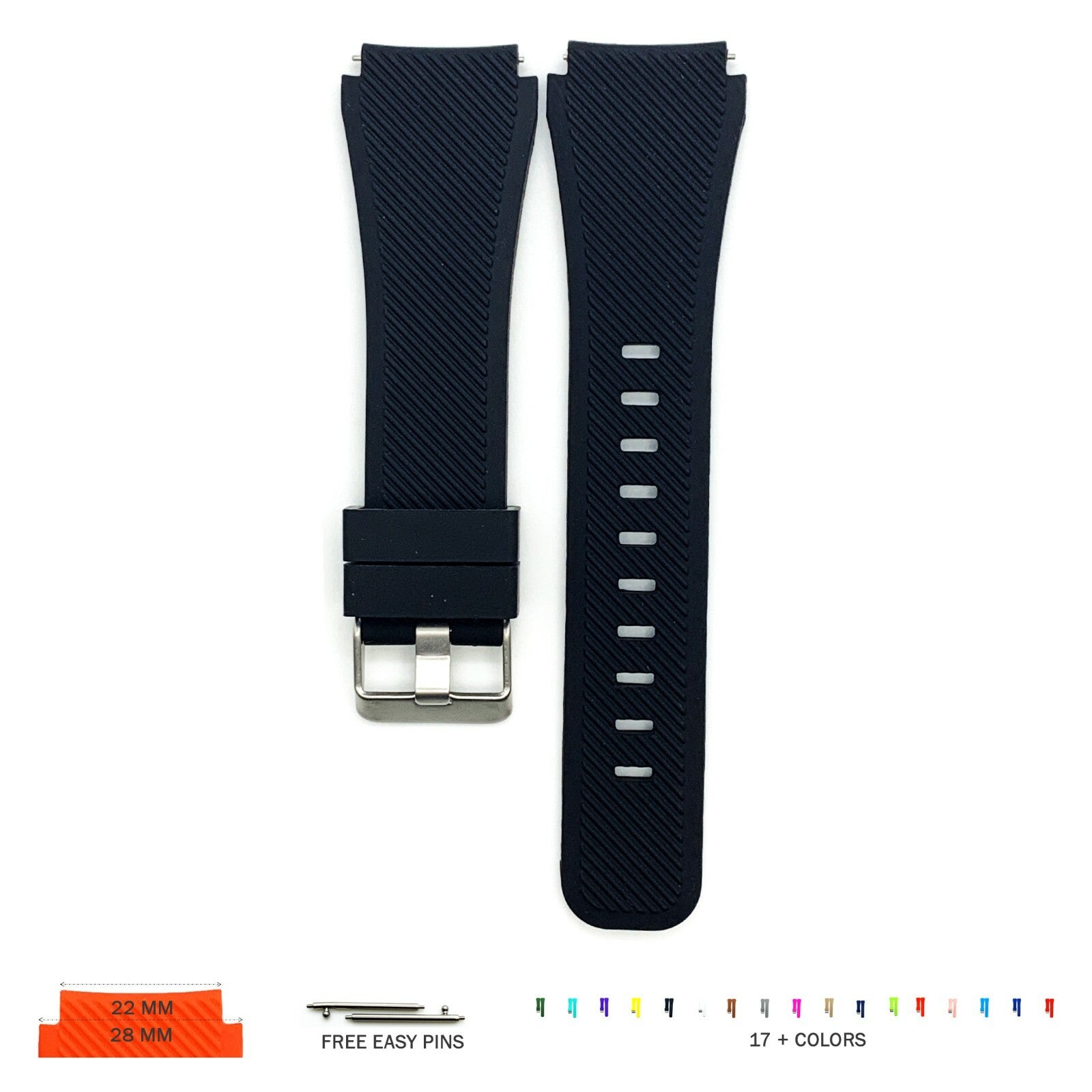 22 MM Rubber Silicone Male Opening Sports Watch Band 17 Colors Quick Release Pin