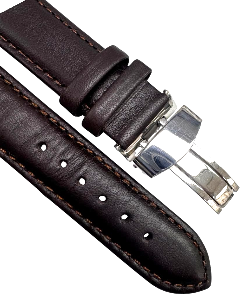 18mm BROWN Genuine Leather stitched Padded Watch Band With Deployment Buckle