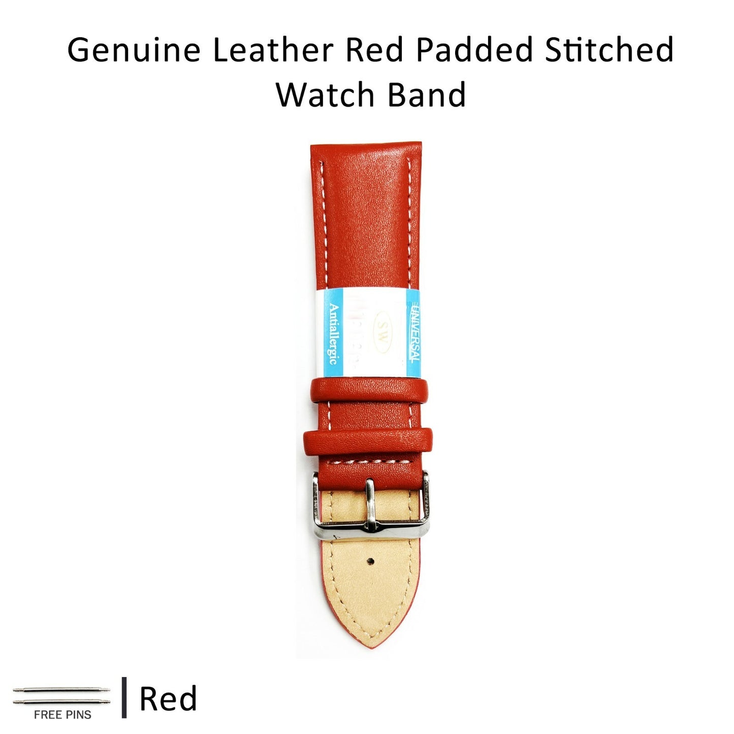 Alligator Leather RED Color Watch Band 16 MM to 22 MM RED/WHITE Stitched