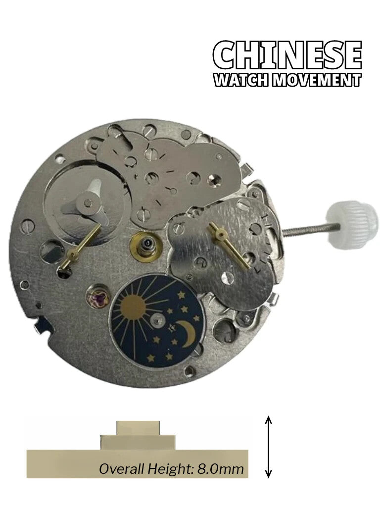 Chinese Automatic Watch Movement DG3847B 3Hands, 4Eyes, Sun/Moon