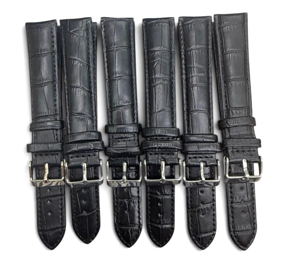 LOT OF 6 Watch Band Black Genuine Leather Padded, Stitched 20xxlMM